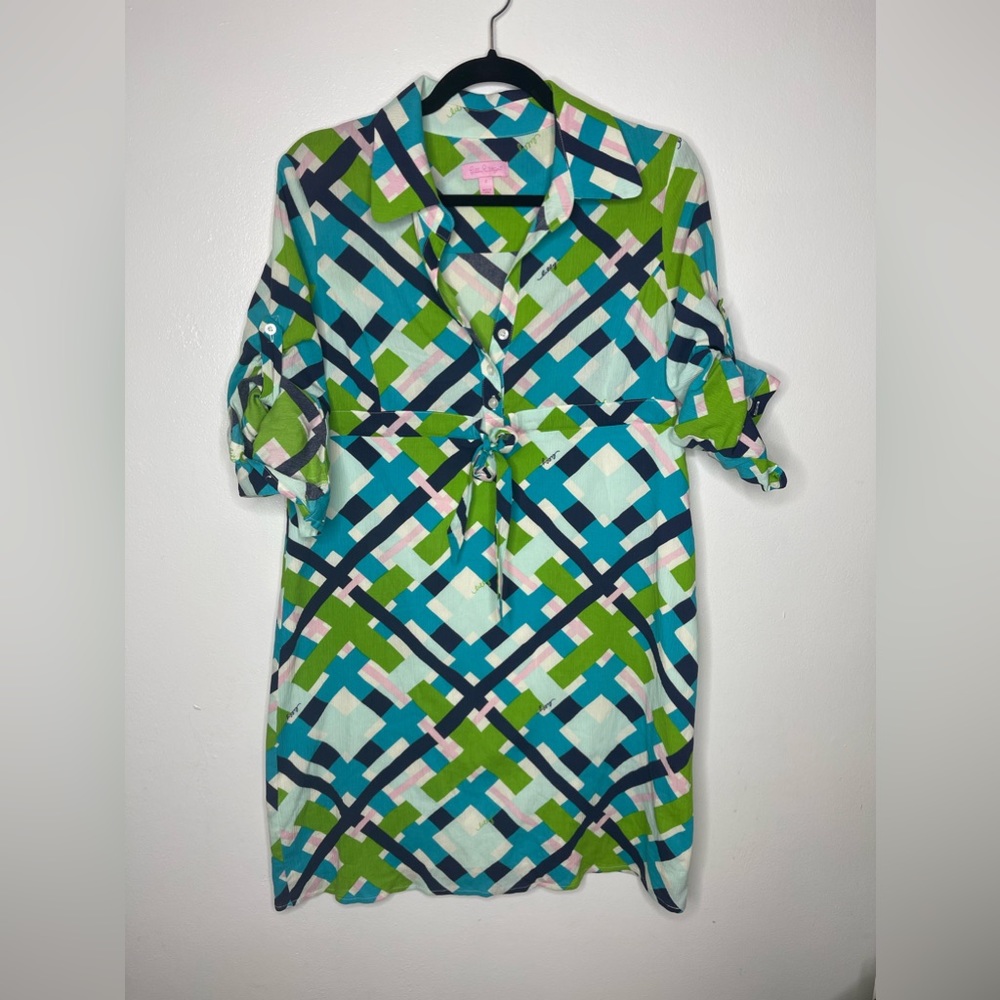 Lilly Pulitzer Teal, Green & Pink Geometric Tie-Waist Midi Dress